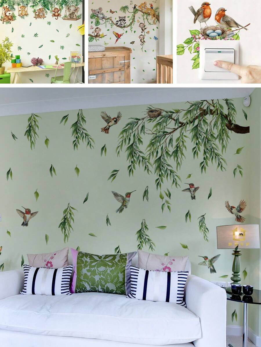 BRUP 1/2/3张/套 动物绿叶墙贴，可移除PVC材质，儿童房装饰，树枝树叶卧室墙贴，自粘春季墙贴 - 彩色 - 查看 1