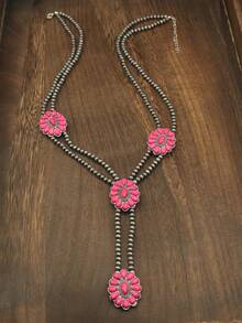 Nueva serie rosa Collar en forma de Y con estilo occidental y margarita, collar de perlas con textura rústica y estilo campestre, joyería de moda para mujeres, collar bohemio ajustable con cuentas rosas y vintage para niñas - Rosa - Ver 11