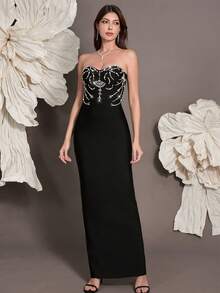 Handmade Beaded Bandage Bodycon Dress, Knitted Sleeveless Fitted Dress For Family Gatherings, Parties, Banquets, And Formal Occasions Wedding Black Spring Party - Black - View 6