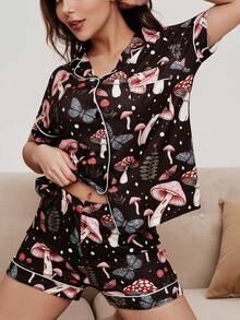 2pcs Women Mushroom, Leaf, Butterfly Print Starry Atmosphere Decorated Short Sleeve Shorts Pajama Set, Comfortable Polo Collar, Ribbed Trim, Versatile, Knit Top With Button Front Pockets, Elastic Waist Pants, Suitable For All Seasons Casual Loungewear - 黑色 - 查看 5