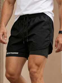 男士字母图案抽绳腰短裤 - 黑色 - 查看 2