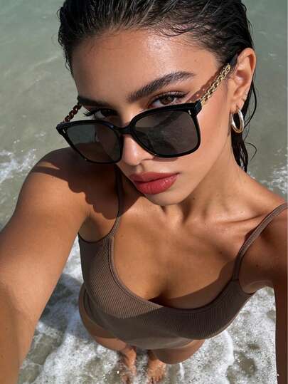 1 Pair Unisex Y2K Retro Square & Round Frame Fashion Glasses, Design With Gold Chain Decor - Black, High-Quality Plastic Material, Suitable For Casual Decoration, Ideal Gift