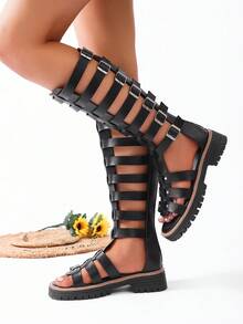 1 Pair Women's Hollow Out Breathable Boots, Street Style High-Top Boots Boots. Essential For Punk Rock Music Festival Outfits, Ladies Boots Boots - Black - View 4