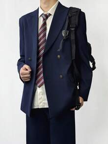 El Uniforme de la Época | Traje Japonés de Doble Botonadura en Azul Marino, Conjunto Colegial Clásico y de Alta Fidelidad - Chaqueta azul marino + camisa blanca + pantalón negro + insignia + corbata - Ver 12