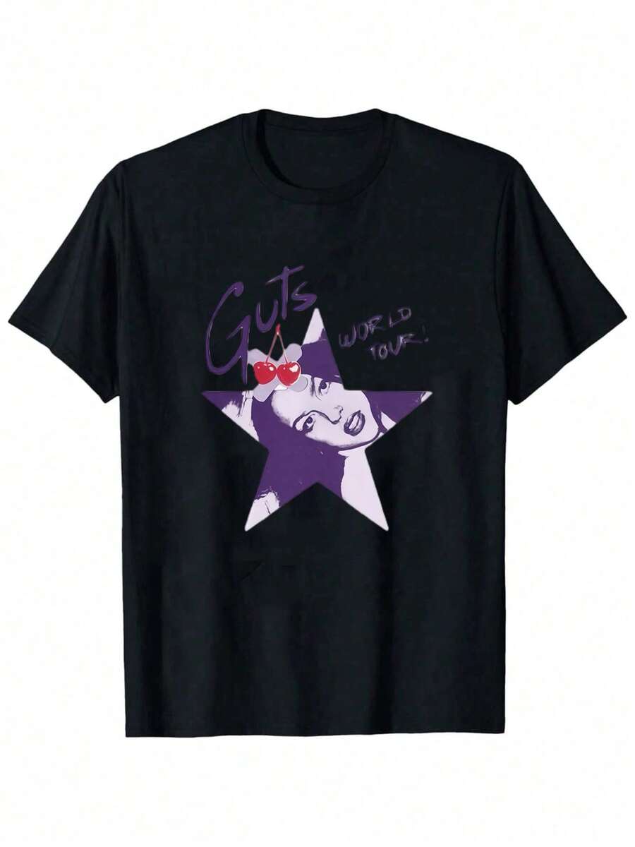 Olivia Rodrigos T Shirt ,American Singer Songwriter Pop Music,Men's And Women's Sports Leisure Tee,100%Cotton Tee -Olivia Rodrigos T-Shirt Olivia Rodrigos Graphic Tops Tees, Gift For Valentine's Day,Music Culture Style,Casual Digital Print 100% Cotton T Shirt,Casual Short Sleeved Round Neck Top, Street Style Cotton - 黑色5 - 查看 1