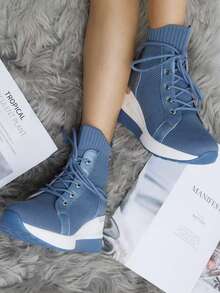 Women's Platform Lace-Up Thick Sole Sneakers - Blue - View 5