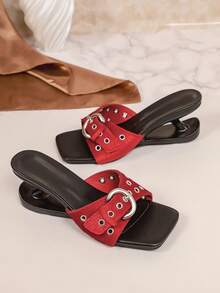 复古黑色纽扣露趾凉鞋，华丽高跟绑带凉拖，女士春夏款 - 紅色 - 查看 2