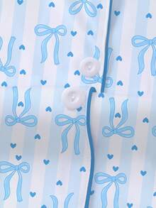 2-Piece Set - Women's Pajama Set, Loose Shorts Paired With Short Sleeved Top, Loose And Soft Casual Wear With Simple Blue Bow Print, Suitable For Daily Home, Family, Year-Round Pajama Party Wear - 藍色 - 查看 6