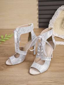 Giày sandal cao gót mũi hở, lưới thoáng khí dành cho nữ. - Bạc - Xem 5