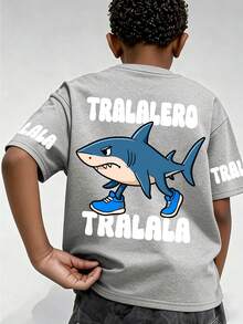 Jugend Kurzarm Rundhals T-Shirt, weißes Buchstaben- & Hai mit Schuhen Muster, bequeme Frühlings-/Sommer Kleidung für Jungen - Grau - Übersicht 2