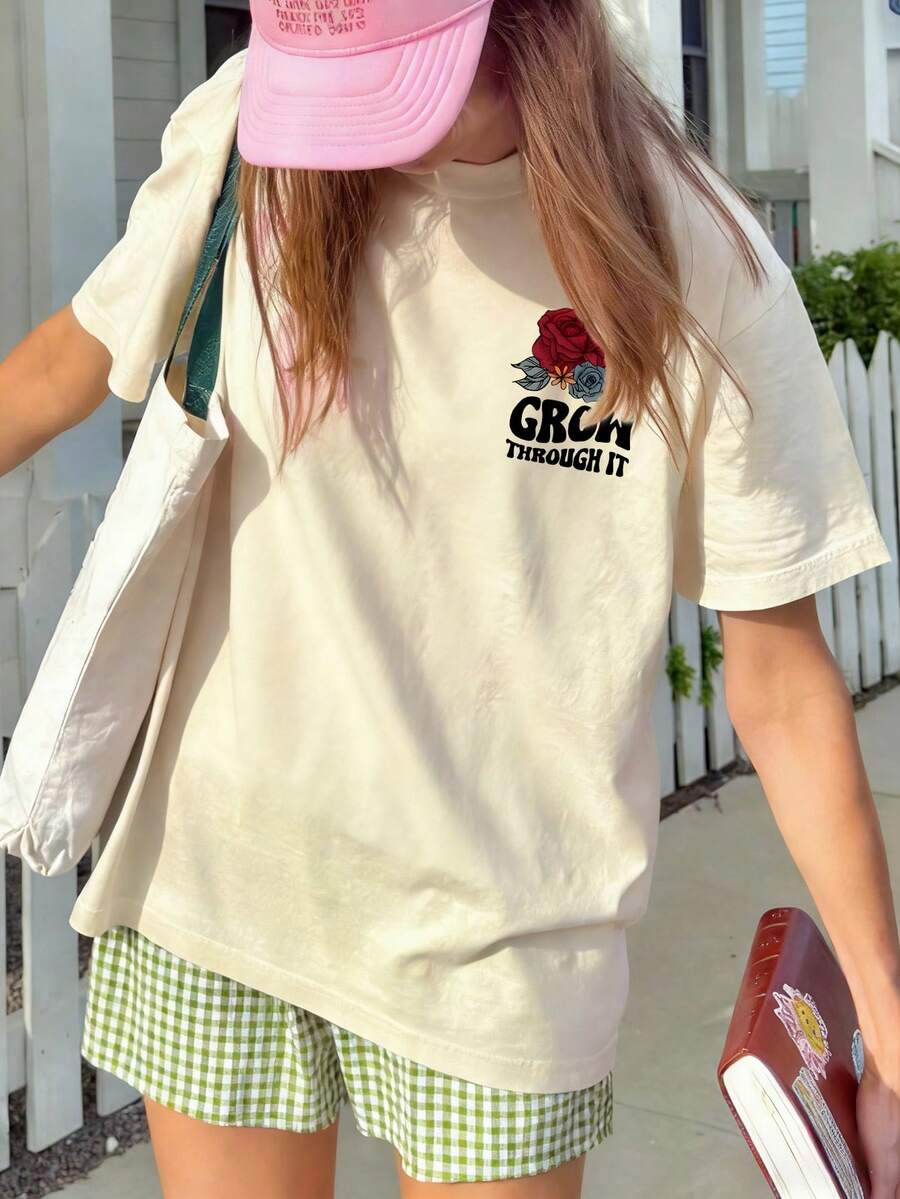 Women's Summer New Simple Letter & Rose Print Casual Loose Versatile Round Neck Beige Short Sleeve T-Shirt, Everyday Top, Suitable For Daily Wear - Apricot - View 1