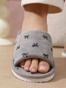 女士新款露趾拖鞋，舒适室内家居静音拖鞋，灯芯绒面料蝴蝶结设计，卧室家居地板拖鞋 - 灰色 - 查看 5