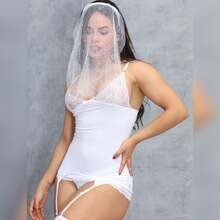 Fantasia Sensual Noiva Romântica Lingerie Lua De Mel Conjunto Feminino Com Véu Meias 7/8 Noivinha Completa - Branco - Visão 10