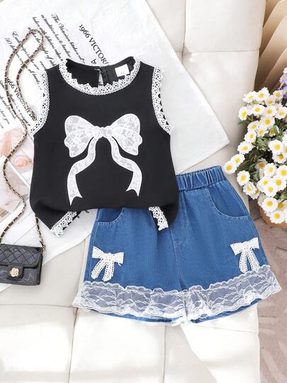 2pcs Young Girls Elegant Minimalist Butterfly Floral Lace Trim Sleeveless Top And Lace Trim Pocket Denim Shorts Set, Summer