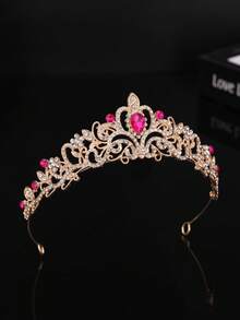 1件装女士时尚公主皇冠水钻发箍，甜美生日发饰，皇冠，头饰，头饰，服装皇冠 - 4141玫紅色 - 查看 3