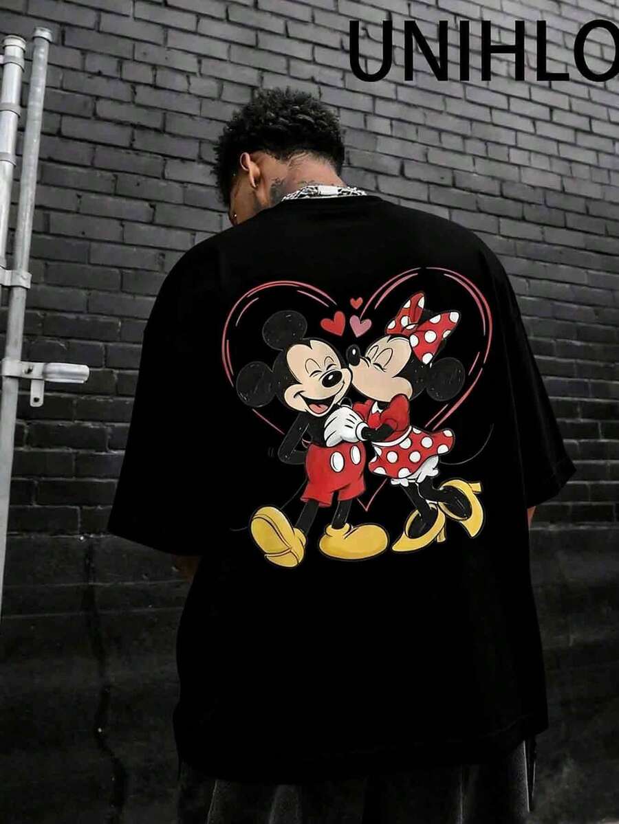 Disney UNIHLO Street Life Men's Casual Loose  Valentine's Day Love  Cartoon  Print Short Sleeve T-ShirtSummer - 黑色 - 查看 1