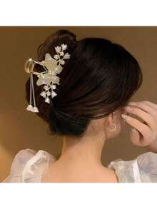 1pc Floral Print Retro Elegant Zinc Alloy Lily Flower Tassel Hair Clip, Vintage Hair Accessory, Flower Hair Claw Hair Ornament, Suitable For All Seasons - Multicolor - View 2