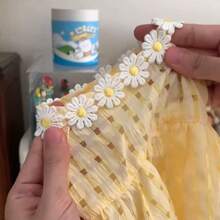 Sugar&Sweet宠物猫狗连衣裙，黄色波点公主裙+蓝色格子蝴蝶结发箍，夏季透气小型犬猫派对服装，可爱蕾丝小猫日常及假日服装，田园风 - 黃色 - 查看 4