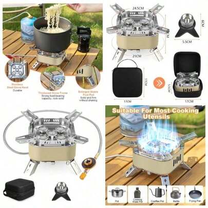 15800W Windproof Camping Gas Stove, Foldable Rocket Camping Stove With Carry Box, Outdoor Camping Gas Cooking, Hiking, Camping, Trekking, Picnic, Trekking, BBQKhaki