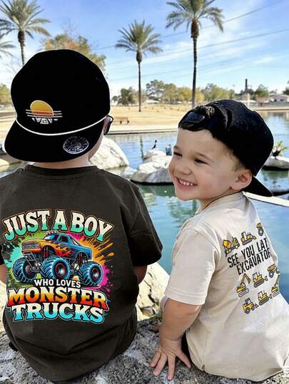 Young Boy 1pc Printed Short Sleeve T-Shirt , Summer Casual For Kids