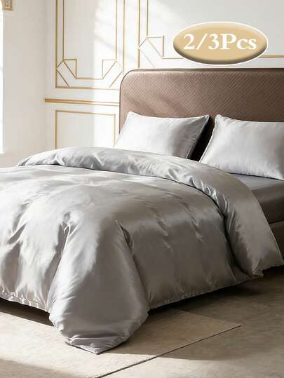 2/3Pcs Satin Solid Duvet Cover Set, Luxurious Comforter Cover Bedding, Soft & Silky, Lightweight & Breathable, Wrinkle-Resistant, Full Size (1 Comforter Cover + 1/2 Pillowcase, No Filling), Suitable For All Seasons, Soft & Comfortable, Suitable For Single, Dorm, Student, Home Bedroom, Hotel Use, With Zipper Closure And Pillowcase, Multi-Color Durable, Extra Large Bedding, Extra Large Comforter Cover Set Suitable For Room Decor, Travel And Dorm (Boys/Girls)