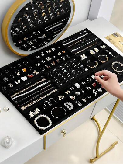 1/9 piezas Bandeja de joyería de terciopelo, caja de almacenamiento de joyería de gran capacidad con compartimentos separados, soporte de exhibición de joyería apilable, puede almacenar aretes, collares, pulseras, anillos, pasadores para el cabello, bandas para el cabello, etc. Bandeja de joyería de terciopelo, caja de almacenamiento de cosméticos, bandeja de exhibición de cosméticos, bandeja de exhibición de joyería de moda, bandeja de joyería de unicolor, bandeja de almacenamiento de joyería apilable