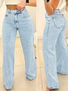 Chicsale Straight Jeans, Diagonal Pocket Loose Style Street Fashion Brand Loose Jeans, Ladies Jeans And Clothing - 淺色水洗藍 - 查看 6