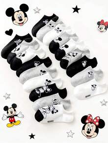 Disney 1/5/10/20 Pairs Women/Couple Ankle Socks, Classic Black White Gray Cartoon Mickey Minnie Mouse Pattern Decoration, Simple Soft Comfortable Campus Style Invisible Socks, Personalized Fashion Breathable Moisture-Wicking Black, Suitable For Daily Life, Birthday Party, Outdoor Sports, Campus Activities, Holiday Gatherings, Multiple Combinations Available