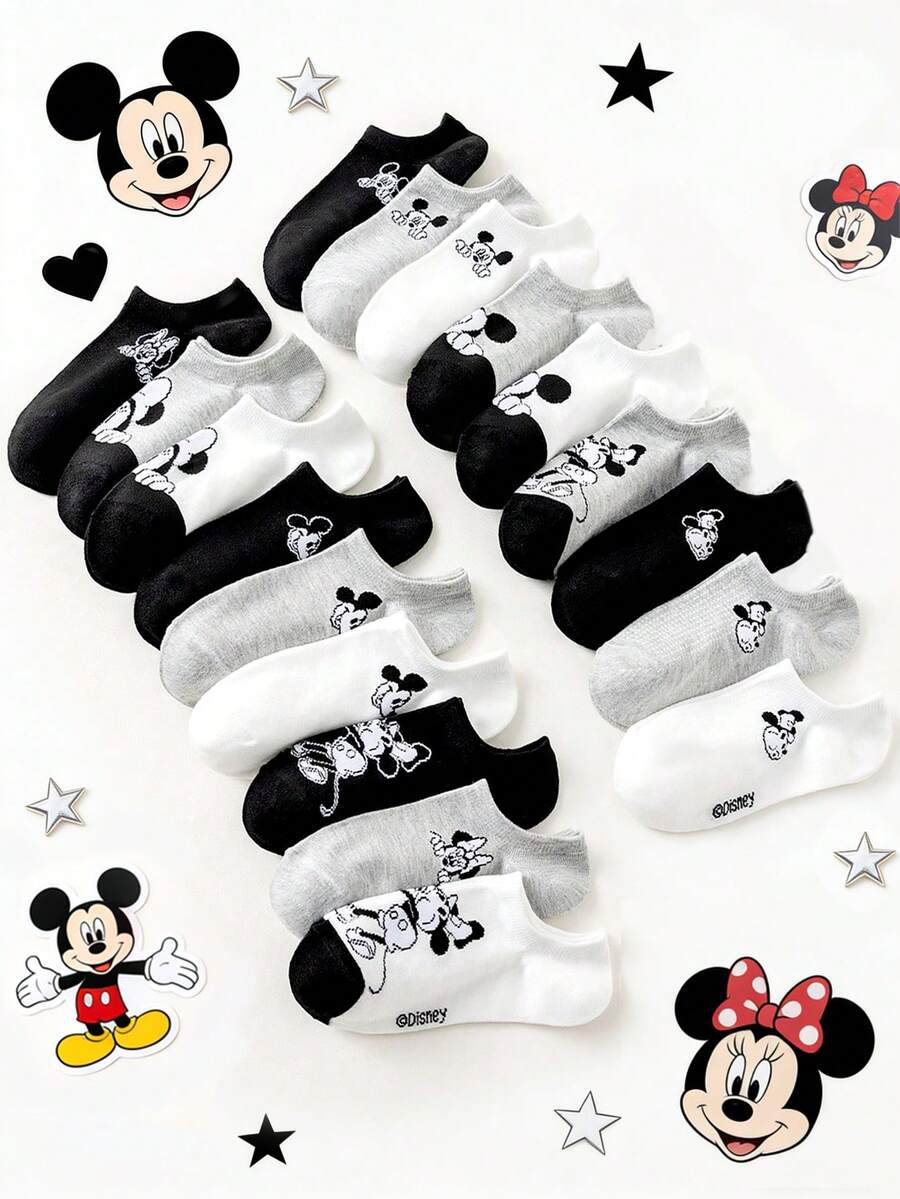 Disney 1/5/10/20 Pairs Women/Couple Ankle Socks, Classic Black White Gray Cartoon Mickey Minnie Mouse Pattern Decoration, Simple Soft Comfortable Campus Style Invisible Socks, Personalized Fashion Breathable Moisture-Wicking Black, Suitable For Daily Life, Birthday Party, Outdoor Sports, Campus Activities, Holiday Gatherings, Multiple Combinations Available