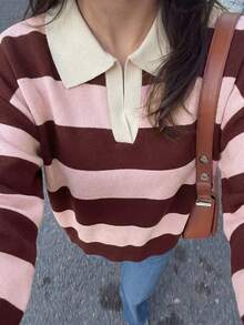 女士甜美时尚宽松 Polo 领条纹长袖休闲针织衫，春夏粉色 - 粉色 - 查看 3