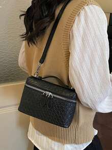 1pc Spring/Summer New PU Leather Woven Texture Square Handbag, Woven Design Dual-Zipper Closure, Fashion Minimalist Elegant Versatile Box Bag Suitable For Commuting, Office, Dating, Daily, Shopping - Black - View 6