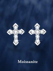 2pcs Minimalist 925 Sterling Silver 0.6ct Moissanite Cross Stud Earrings, Suitable For Women's Daily Wear, Wedding Anniversary, Party, Commute, Women's Birthday, New Year Jewelry Gift - EH0012M - View 6