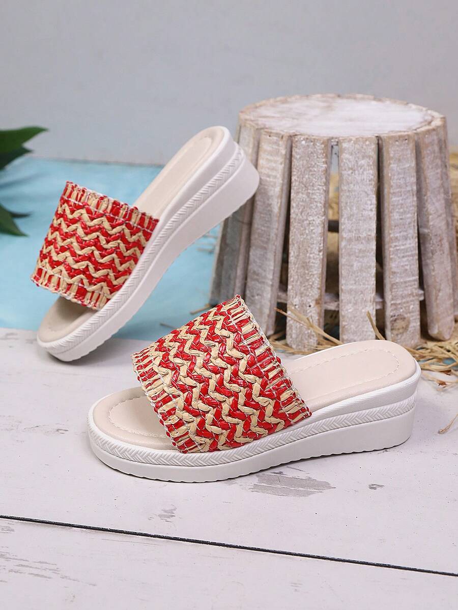 1双儿童/青少年厚底编织夏季坡跟凉拖鞋 - 米色 - 查看 1