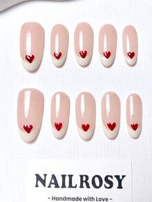nailrosy 10 Buah Kuku Tempel Buatan Tangan Bentuk Oval Sedang Warna Nude Putih French Fake Nails Mini Pola Hati Merah Mengkilap Sweet Coquette False Nail Tips - Berwarna merah muda - View 9