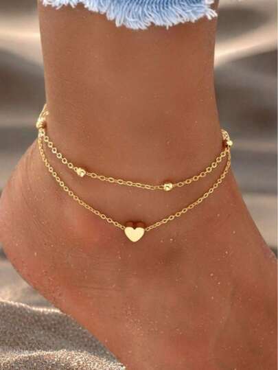 1 Piece Of Foot Chain, Heart Foot Chain, Personalized Double-Layer Simple Beach Foot Accessory (This Product Is Not Waterproof, Please Be Extra Careful When Wearing It, And Remove It When Swimming Or Taking A Shower. The Bead Chain Is Handmade, The Number Of Beads Is Random, And The Fixed Length Shall Prevail)