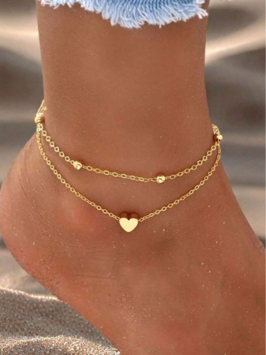 1pc Heart Anklet, Personalized Double Layer Simple Beach Anklet Accessory (This Product Is Not Waterproof, Please Be Extra Careful When Wearing, Remove It When Swimming Or Showering. Bead Chain Is Handmade, Bead Count Is Random) - Gold - View 1