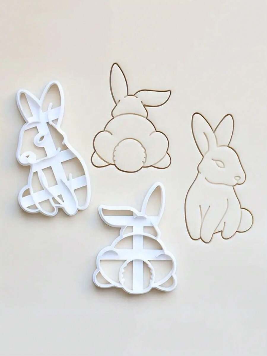 2pcs Easter Bunny Cookie Cutter Set - Cute White Plastic Rabbit & Bunny Shaped Fondant & Clay Cutters With Expressive Eyes & Ears, Gift Wrapping, And Party Baking, Festive Baking Tools, Playful Design, Plastic - White - View 1