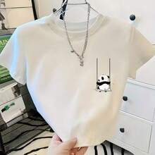 Women's Cropped T-Shirt With Cute Panda Print, Short Sleeve Top With Soft Design, Great For Casual Wear - trắng - Xem 1