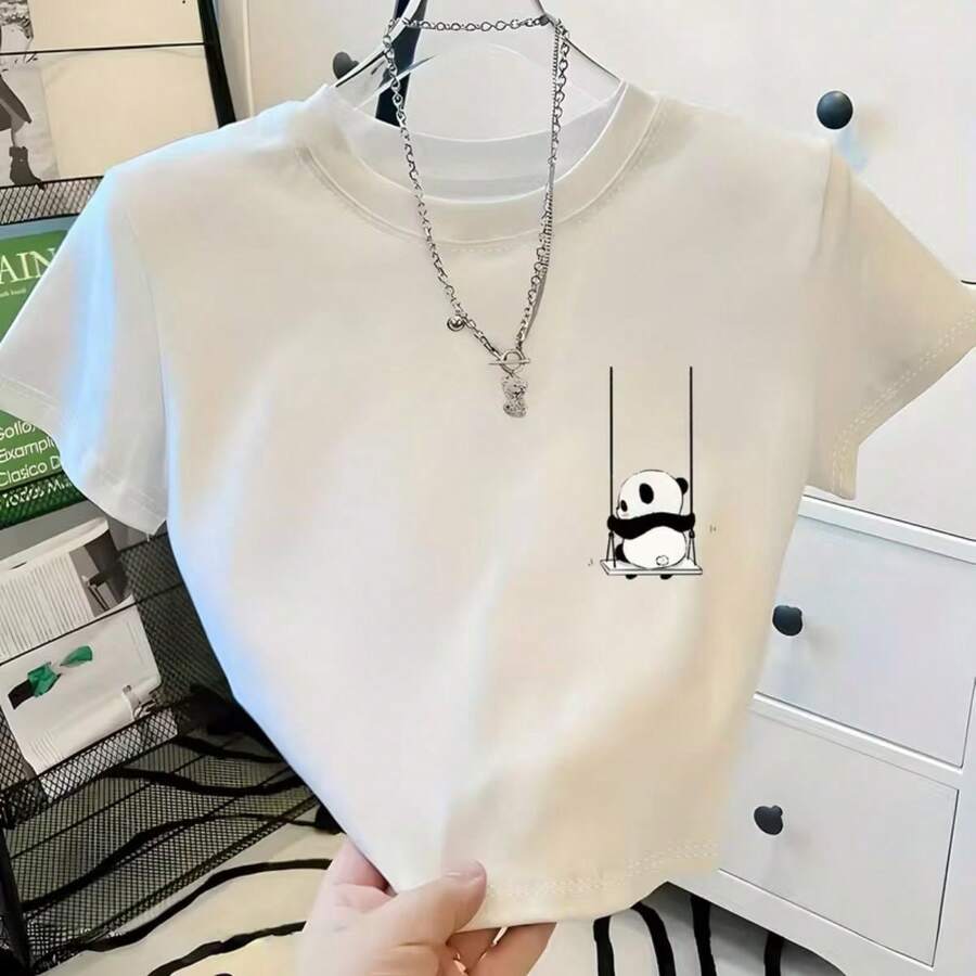 Women's Cropped T-Shirt With Cute Panda Print, Short Sleeve Top With Soft Design, Great For Casual Wear - trắng - Xem 1