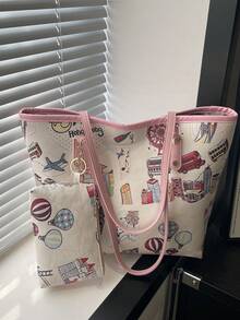 新款可爱小熊涂鸦单肩包，多功能大容量手提包，适合女孩，2026春季系列 - 粉色 - 查看 1