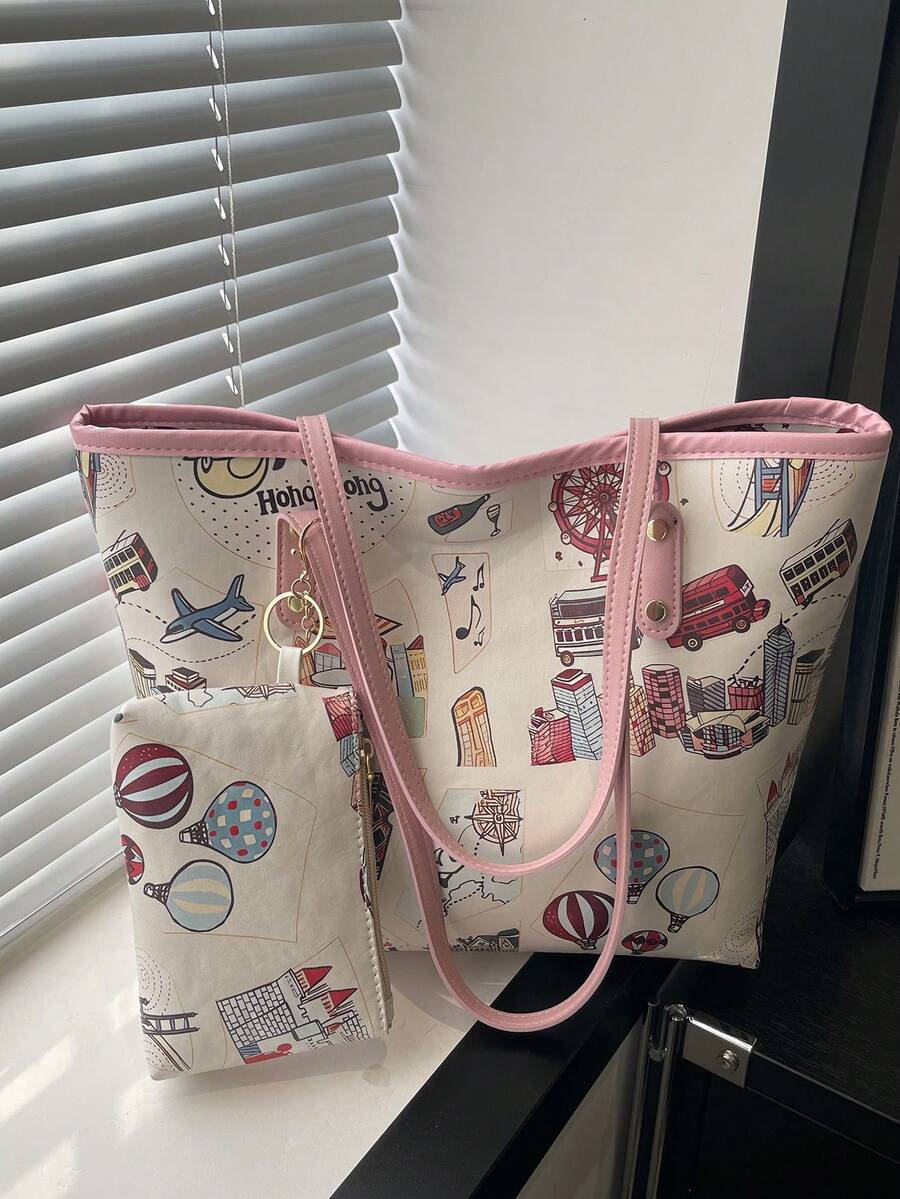 新款可爱小熊涂鸦单肩包，多功能大容量手提包，适合女孩，2026春季系列 - 粉色 - 查看 1