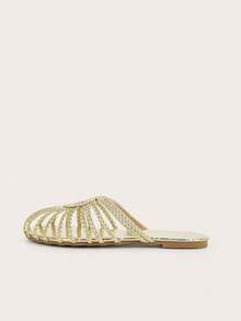Handmade Woven Gold Twist Strap Flat Sandals For Women, Random Woven Pattern, Random Twist Design - Gold - View 4