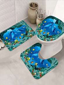 海豚图案浴帘套装，含12个挂钩的浴帘、防滑浴室垫、U型马桶垫、马桶垫、浴室配件 - 彩色 - 查看 7