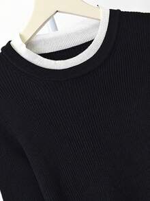 Contrast Color Round Neck 2 In 1 Knit Sweater, Slim Fit Layering Top For Women, Spring - Black - View 9