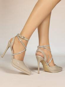 Women's Pointed Toe High Heel Shoes, Thin Heel, Crystal Strap, Elegant Lady Shoes, Sexy Sandals, Spring/Summer - Apricot - View 3