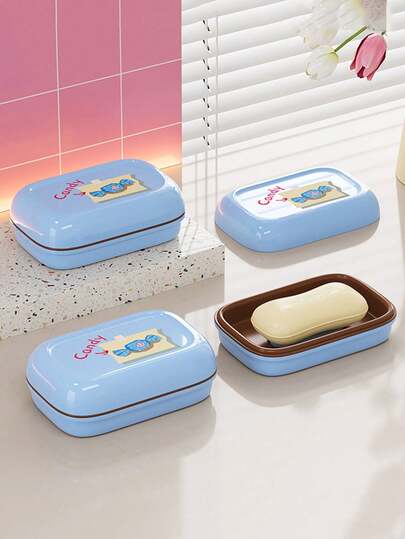 1pc Cute Creative Dual Layer Soap Dish With Cover, Portable For Student Dorm, Home, Bathroom Use