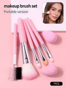 7pcs Mini Makeup Brush Set, Portable Travel Makeup Tools, Includes Makeup Sponge, Foundation, Blush, Eyeshadow, Eyebrow Brushes - Pink - View 2