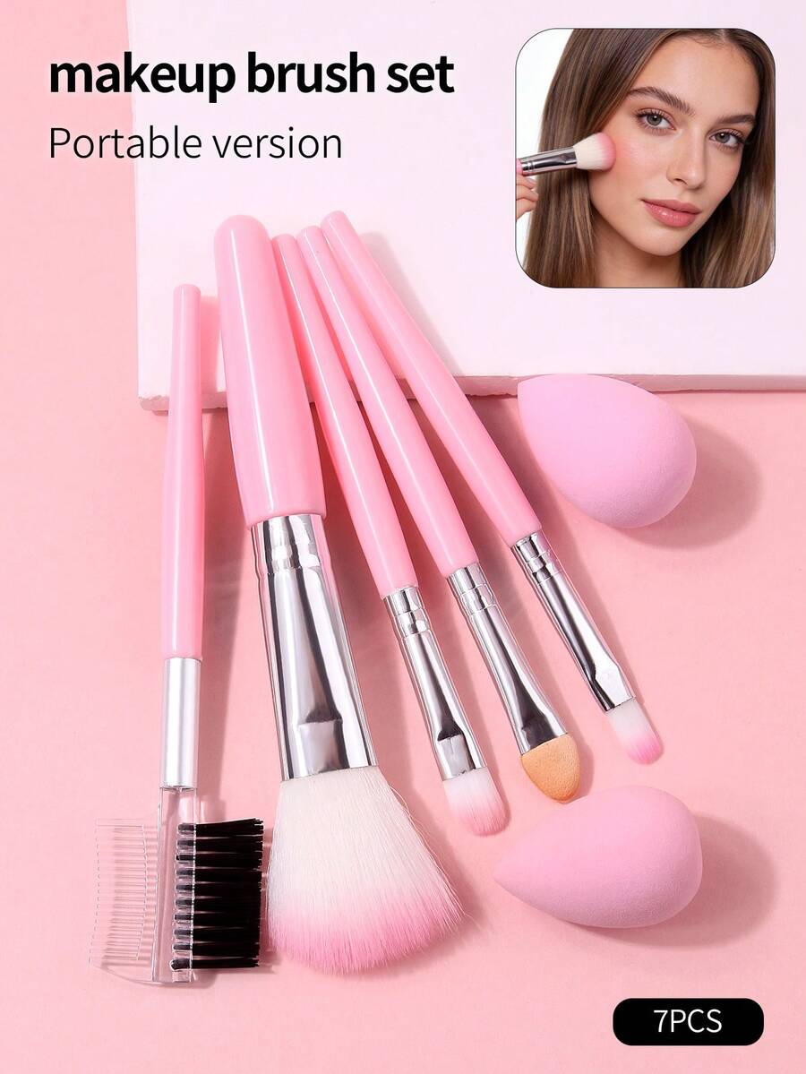 7pcs Mini Makeup Brush Set, Portable Travel Makeup Tools, Includes Makeup Sponge, Foundation, Blush, Eyeshadow, Eyebrow Brushes