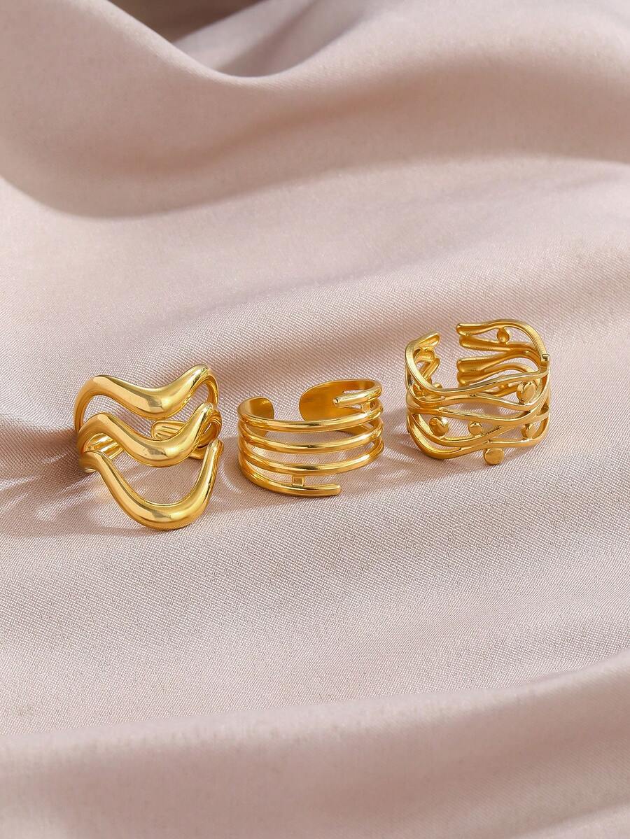 Wide Gold Ring Set - Flowing Wave + Multi-Layer Plain Rings + Interwoven Line Rings, Versatile Street Style Stacking Jewelry For Women - Gold - View 1
