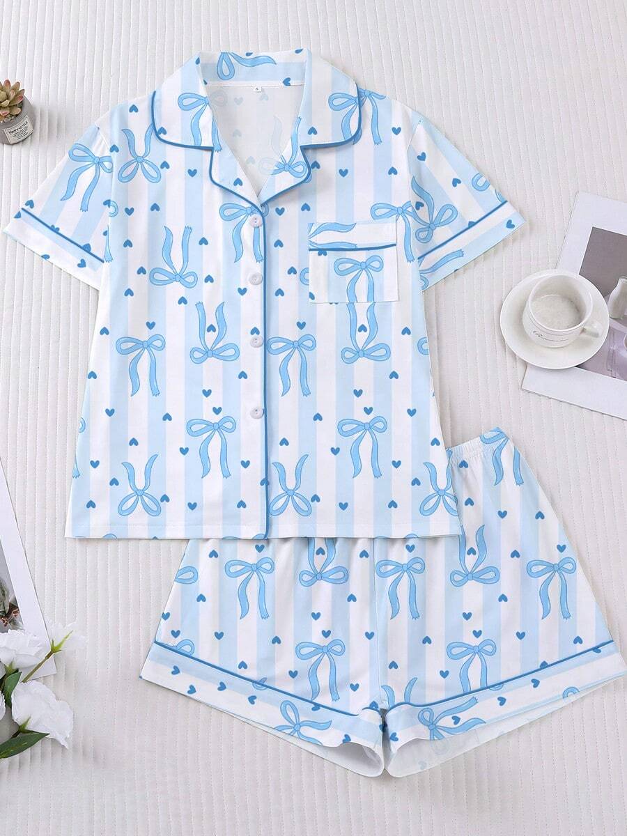 2-Piece Set - Women's Pajama Set, Loose Shorts Paired With Short Sleeved Top, Loose And Soft Casual Wear With Simple Blue Bow Print, Suitable For Daily Home, Family, Year-Round Pajama Party Wear - 藍色 - 查看 1